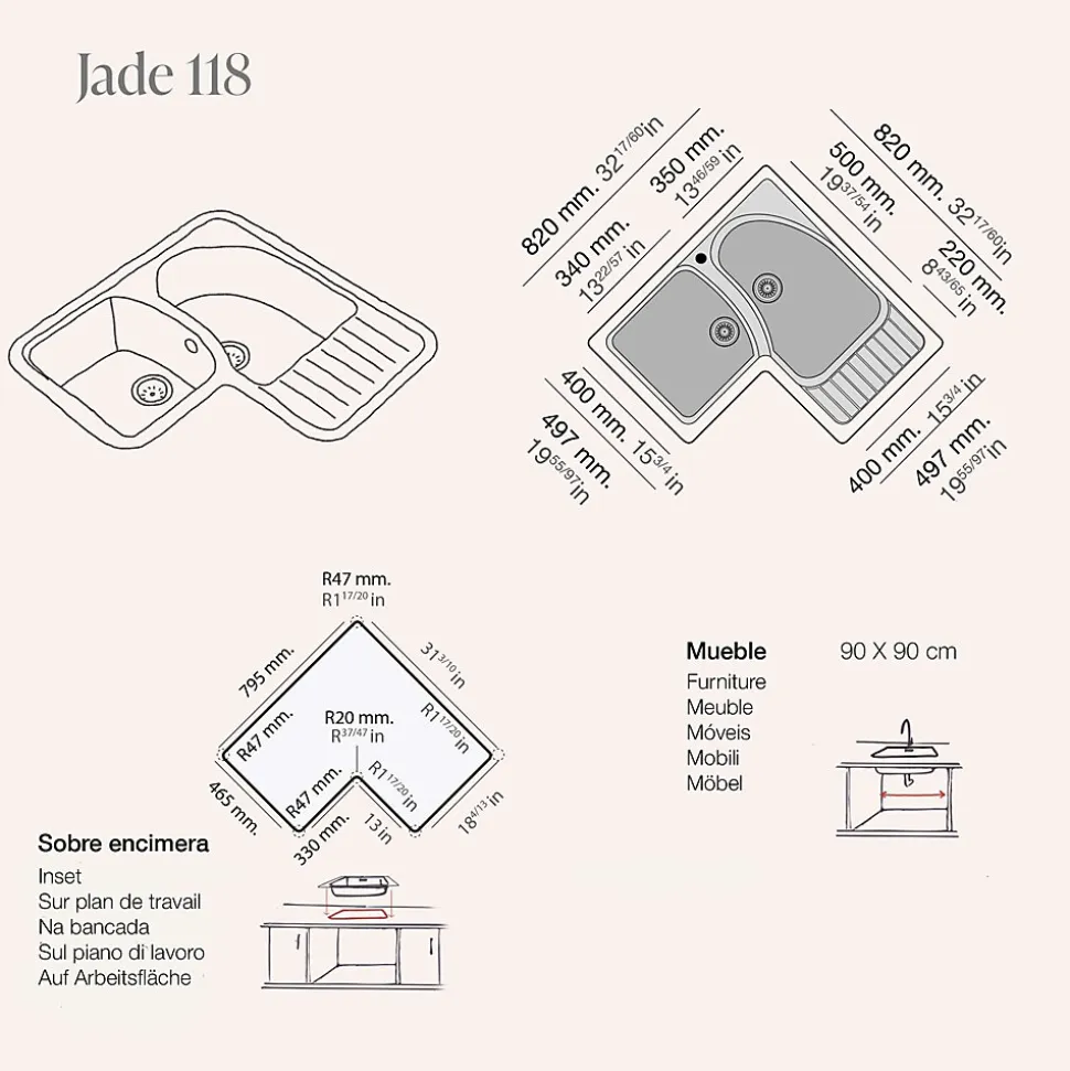 Evier pour meuble d'angle à encastrer Poalgi Jade Blanc - 2 bacs avec égouttoir