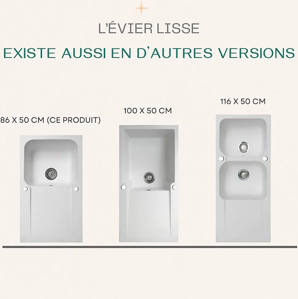 Evier réversible 1 cuve 1 égouttoir en résine blanc Essebagno Lisse