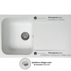 Evier réversible 1 cuve 1 égouttoir en résine blanc Essebagno Lisse