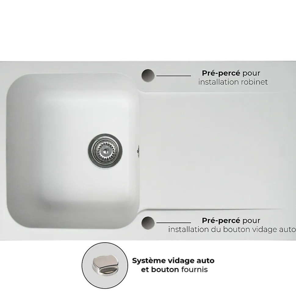 Evier réversible 1 cuve 1 égouttoir en résine blanc Essebagno Lisse