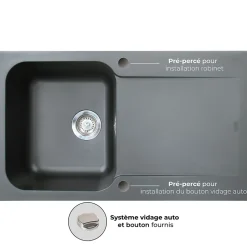 Evier réversible 1 cuve 1 égouttoir en résine noir Essebagno Lisse