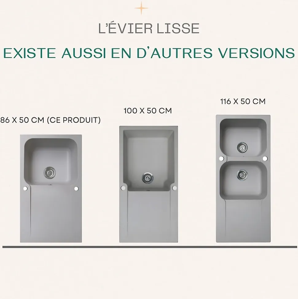 Evier réversible 1 cuve 1 égouttoir en résine gris Essebagno Lisse