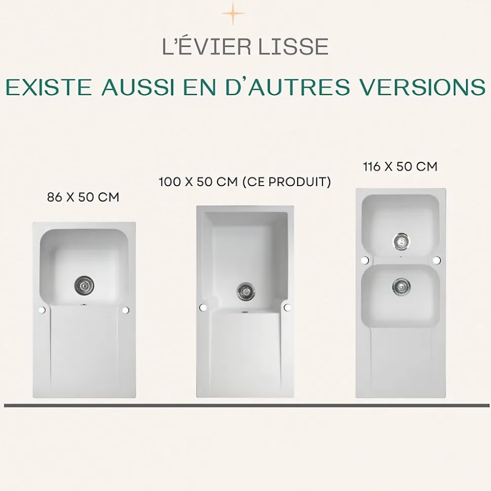 Evier réversible 1 grande cuve 1 égouttoir en résine gris Essebagno Lisse