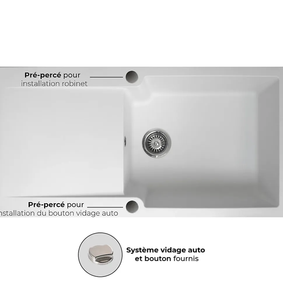 Evier réversible 1 grande cuve 1 égouttoir en résine gris Essebagno Lisse