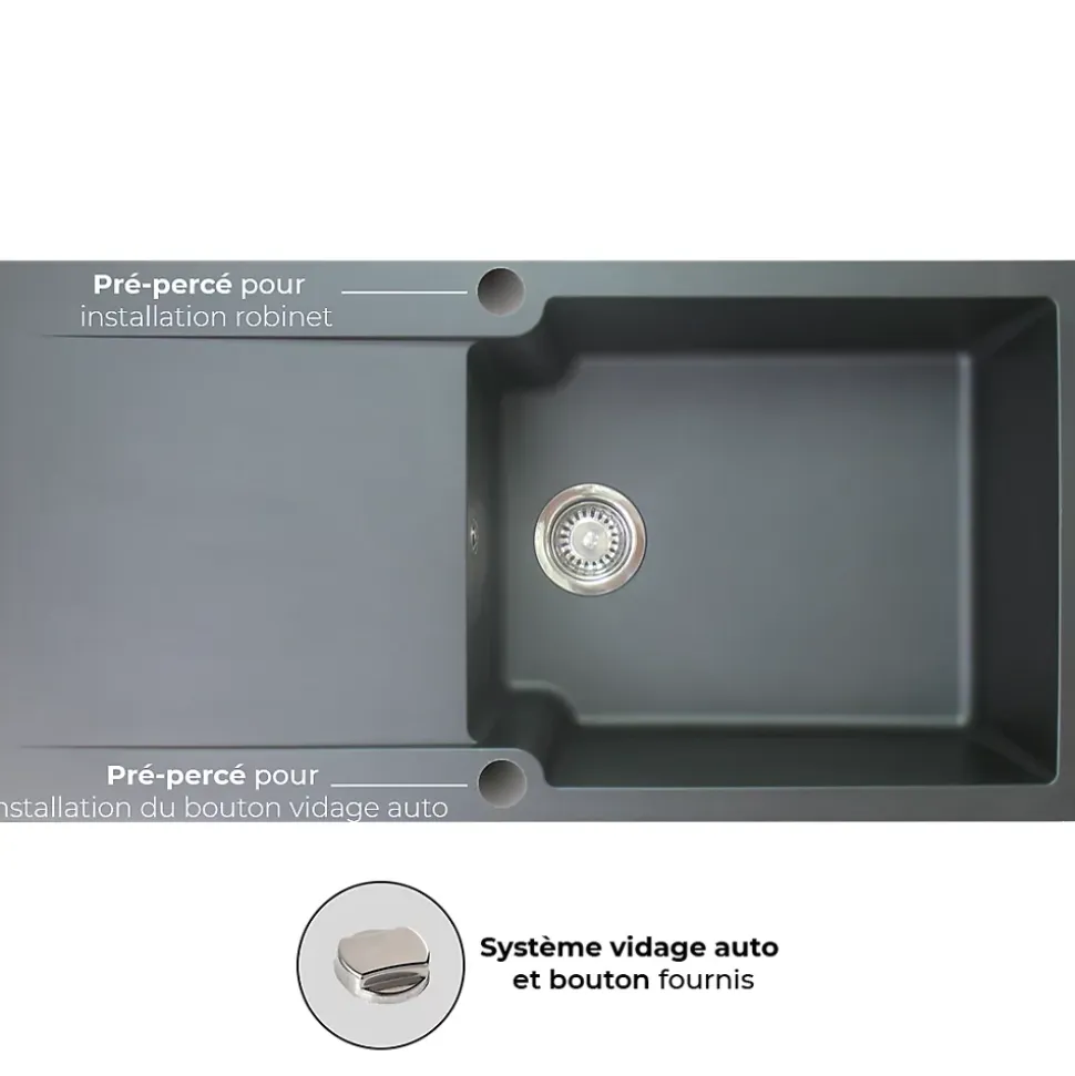 Evier réversible 1 grande cuve 1 égouttoir en résine gris Essebagno Lisse
