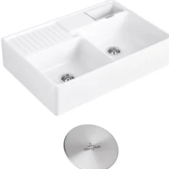 Evier timbre d'office VILLEROY ET BOCH Tradition 2 bacs 89,5 x 63 céramique vidage auto blanc + Cache bonde acier massif