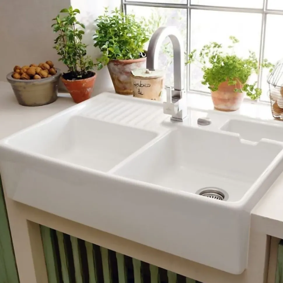 Evier timbre d'office VILLEROY ET BOCH Tradition 2 bacs 89,5 x 63 céramique vidage auto blanc + Cache bonde acier massif