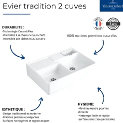 Evier timbre d'office VILLEROY ET BOCH Tradition 2 bacs 89,5 x 63 céramique vidage manuel blanc + Cache bonde or