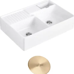 Evier timbre d'office VILLEROY ET BOCH Tradition 2 bacs 89,5 x 63 céramique vidage manuel blanc + Cache bonde or