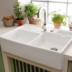 Evier timbre d'office VILLEROY ET BOCH Tradition 2 bacs 89,5 x 63 céramique vidage auto blanc + Cache bonde bronze