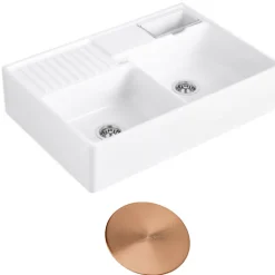 Evier timbre d'office VILLEROY ET BOCH Tradition 2 bacs 89,5 x 63 céramique vidage manuel blanc + Cache bonde bronze