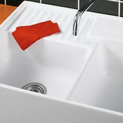 Evier timbre d'office VILLEROY ET BOCH Tradition 2 bacs 89,5 x 63 céramique vidage manuel blanc + Cache bonde bronze