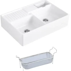 Evier timbre d'office VILLEROY ET BOCH Tradition 2 bacs 89,5 x 63 céramique vidage auto blanc + Panier vaiselle
