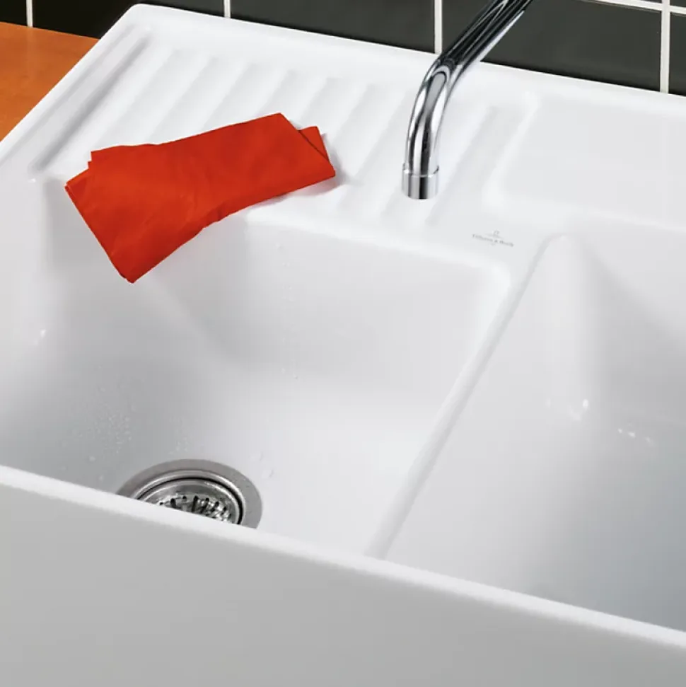 Evier timbre d'office VILLEROY ET BOCH Tradition 2 bacs 89,5 x 63 céramique vidage auto blanc + Panier vaiselle