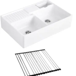 Evier timbre d'office VILLEROY ET BOCH Tradition 2 bacs 89,5 x 63 céramique vidage auto blanc + Egouttoir déroulable