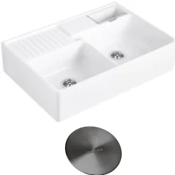 Evier timbre d'office VILLEROY ET BOCH Tradition 2 bacs 89,5 x 63 céramique vidage auto blanc + Cache bonde anthracite