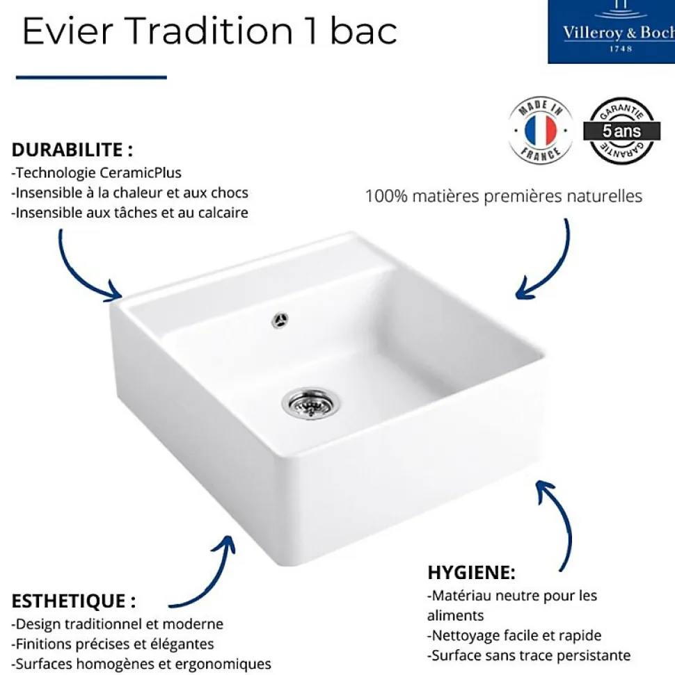 Evier timbre office VILLEROY ET BOCH Tradition 1 bac Blanc CeramicPlus avec vidage automatique