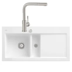 Evier VILLEROY ET BOCH Subway Pure 60 1 bac et demi égouttoir à droite vidage auto + Robinet Steel Shower Acier Massif