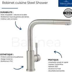 Evier VILLEROY ET BOCH Subway Pure 60 1 bac et demi égouttoir à droite vidage auto + Robinet Steel Shower Acier Massif