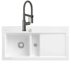 Evier VILLEROY ET BOCH Subway Pure 60 1 bac et demi égouttoir à droite vidage auto + Robinet Steel Expert Compact Anthracite