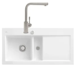 Evier VILLEROY ET BOCH Subway Pure 60 1 bac et demi égouttoir à droite vidage auto + Robinet Modern Steel Acier Massif