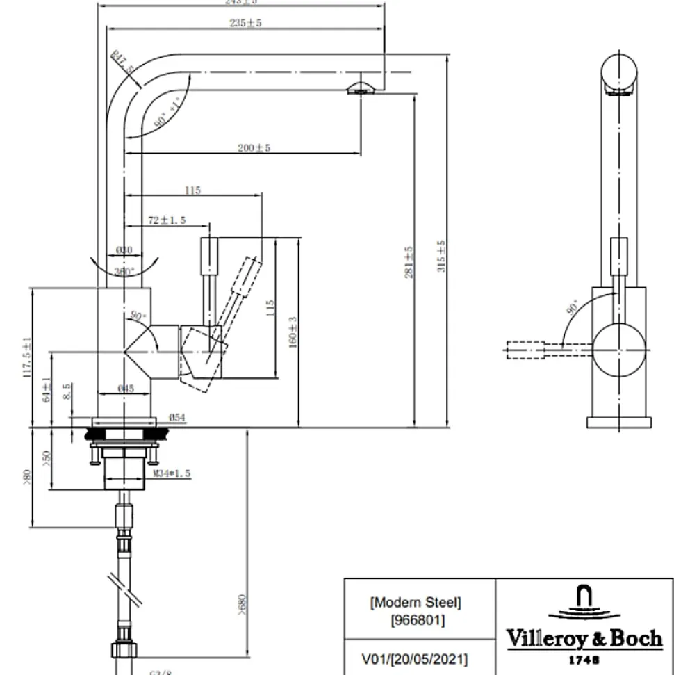 Evier VILLEROY ET BOCH Subway Pure 60 1 bac et demi égouttoir à droite vidage auto + Robinet Modern Steel Acier Massif