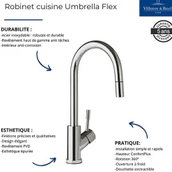 Evier VILLEROY ET BOCH Subway Pure 60 1 bac et demi égouttoir à droite vidage auto + Robinet Umbrella Flex Anthracite