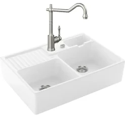 Evier VILLEROY ET BOCH Timbre d'office Tradition 2 bacs vidage auto + Robinet de cuisine Avia 2.0 Acier Massif