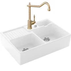 Evier VILLEROY ET BOCH Timbre d'office Tradition 2 bacs vidage auto + Robinet de cuisine Avia 2.0 Or Mat