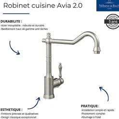 Evier VILLEROY ET BOCH Timbre d'office Tradition 1 bac vidage auto + Robinet de cuisine Avia 2.0 Bronze