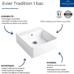 Evier VILLEROY ET BOCH Timbre d'office Tradition 1 bac vidage auto + Robinet de cuisine Avia 2.0 Or Mat