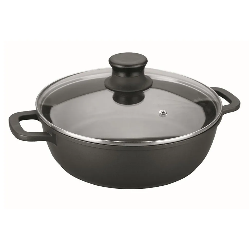 Faitout bas 28 cm en fonte d'aluminium couvercle en verre