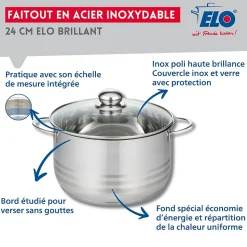 Faitout haut 24 cm en acier inoxydable sans PFAS Elo Brillant