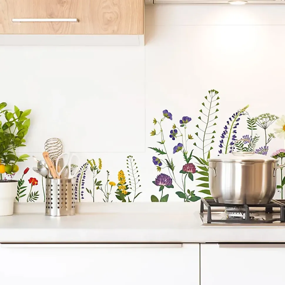 Fond de hotte en aluminium - motif floral vert, violet, jaune et rouge - 70x60 cm