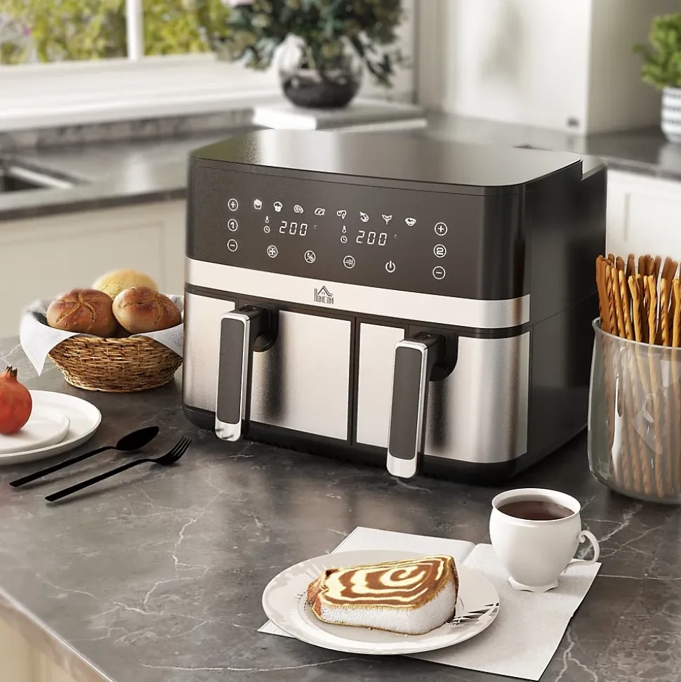 Friteuse à air 2700W - air fryer - double compartiment 8,5L - 8 programmes, température réglable, timer, 2 paniers - noir