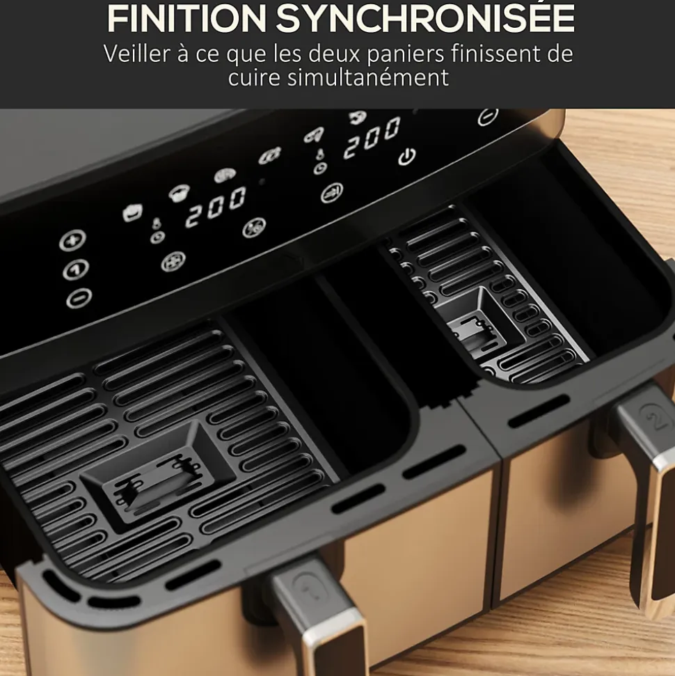Friteuse à air 2700W - air fryer - double compartiment 8,5L - 8 programmes, température réglable, timer, 2 paniers - noir