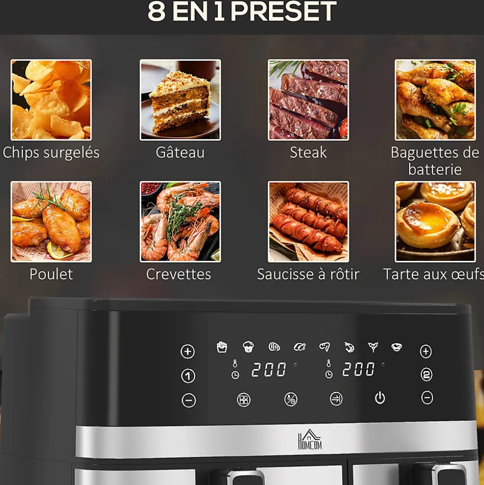 Friteuse à air 2700W - air fryer - double compartiment 8,5L - 8 programmes, température réglable, timer, 2 paniers - noir