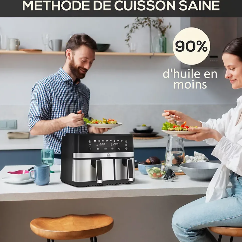 Friteuse à air 2700W - air fryer - double compartiment 8,5L - 8 programmes, température réglable, timer, 2 paniers - noir