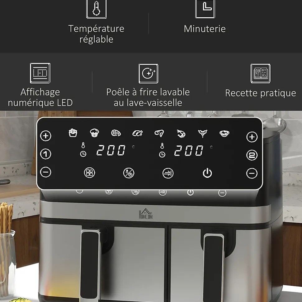 Friteuse à air 2700W - air fryer - double compartiment 8,5L - 8 programmes, température réglable, timer, 2 paniers - noir