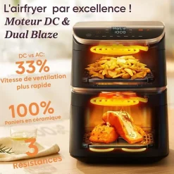 Friteuse Electrique sans huile COSORI - Turbo Tower Pro Smart - Capacité 10,8L - 2 cuves - 7 programmes - 2630W - Noir