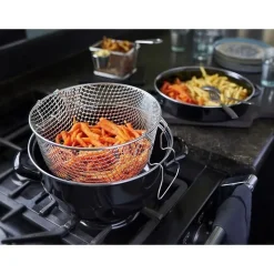 Friteuse émail 26 cm noire avec panier et couvercle verre