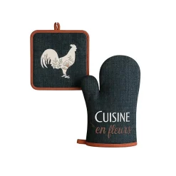 Gant et manique de cuisine Coq et fleurs