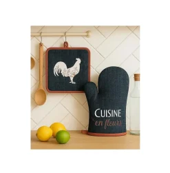 Gant et manique de cuisine Coq et fleurs