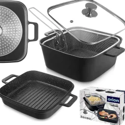 Garnek granitowy ze szklaną pokrywką patelnią grillową koszyczkiem GRANDE 2+4 l 4 el.