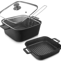 Garnek granitowy ze szklaną pokrywką patelnią grillową koszyczkiem GRANDE 2+4 l 4 el.