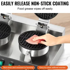 Gaufrier commercial 2460W, appareil gaufre ronde double tête, inox, contrôle temperature temps.