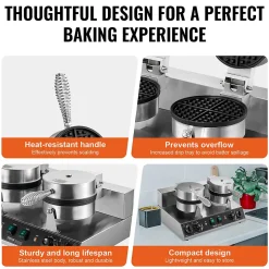 Gaufrier commercial 2460W, appareil gaufre ronde double tête, inox, contrôle temperature temps.