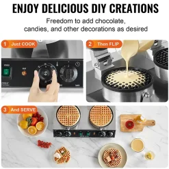 Gaufrier commercial 2460W, appareil gaufre ronde double tête, inox, contrôle temperature temps.