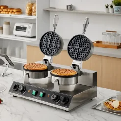 Gaufrier commercial 2460W, appareil gaufre ronde double tête, inox, contrôle temperature temps.