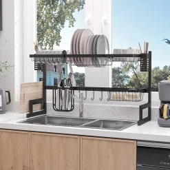 Égouttoir à vaiselle - organiseur d'évier - 8 espaces de séchage - pieds ventouses - acier inox. noir